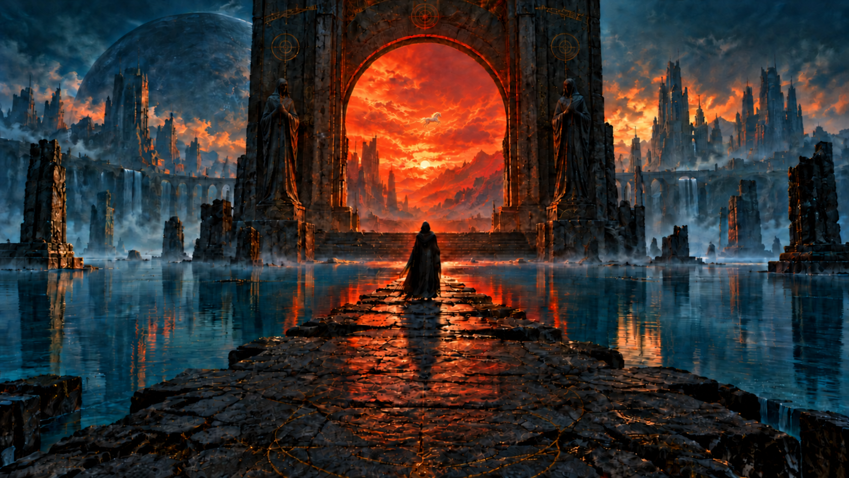 Silent Weapon. For Quiet Wars. A white horse flies behind the arch as a cloaked figure faces a glowing orange portal amid dark teal ruins and reflective water. System Analysis. Signal / 001.